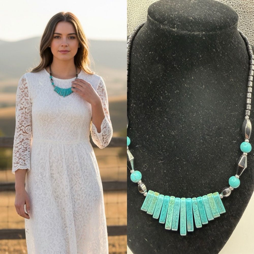 Turquoise Howlite Hematite Necklace Bar Drop Statement Boho